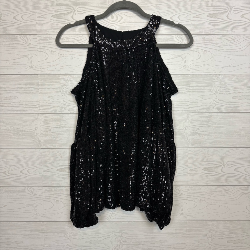 CeCe Black Sequin Cold Shoulder Blouse Size Large